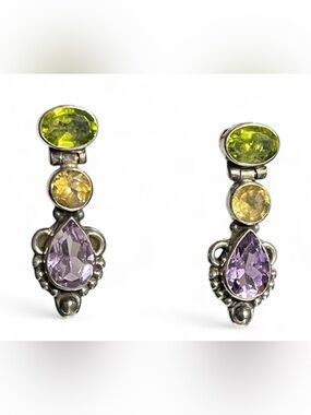 Sterling Silver Hinged Drop Earrings with Peridot, Citrine & Amethyst
